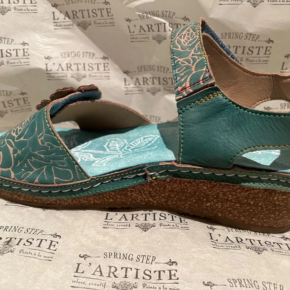 New L'Artiste by Spring Step Leather Wedge Sandals Cuteness Teal Embossed NIB - Picture 8 of 14